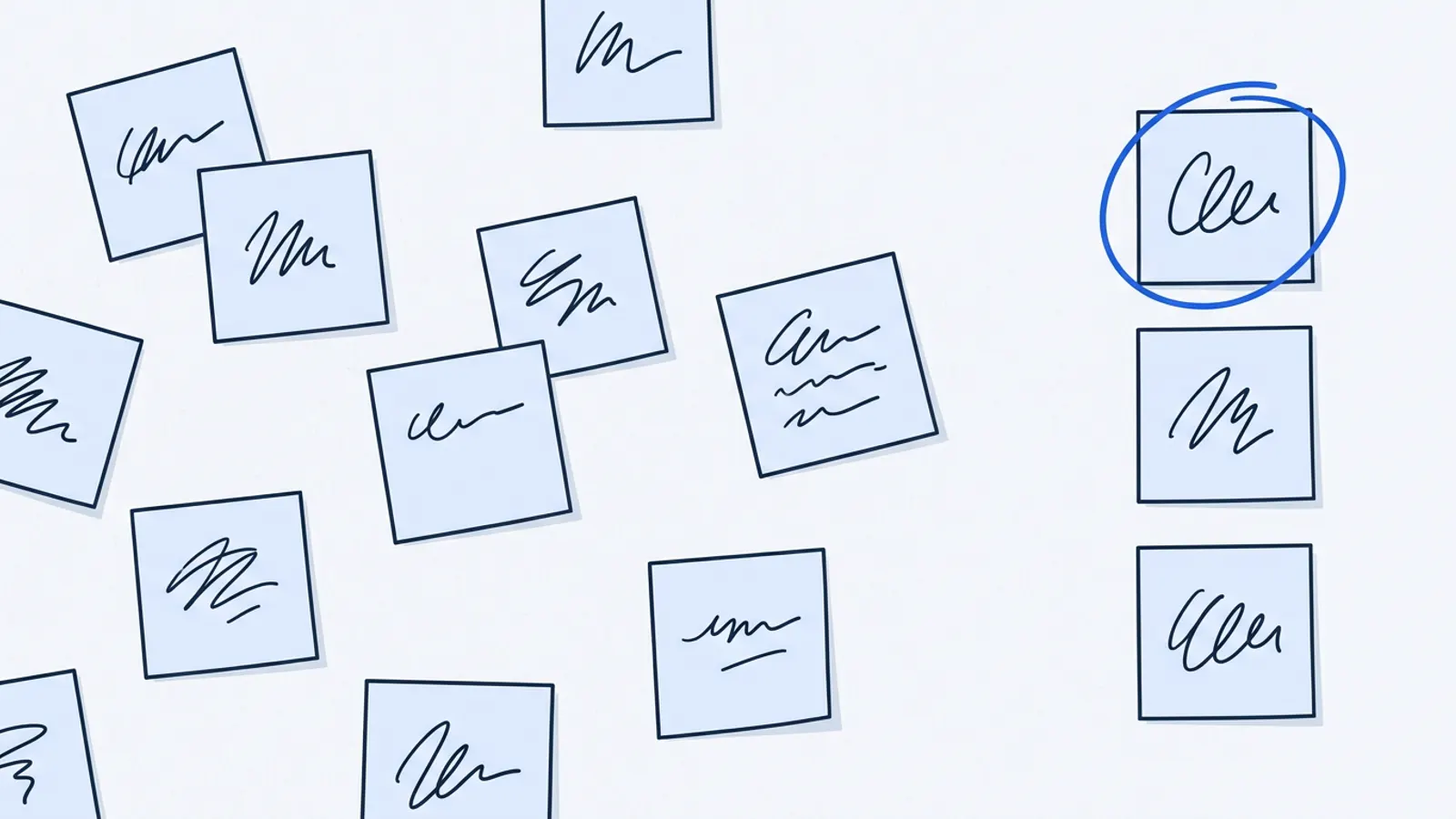 Illustration of sticky notes with website ideas sorted into a short ranked column on a desk, with one note circled.