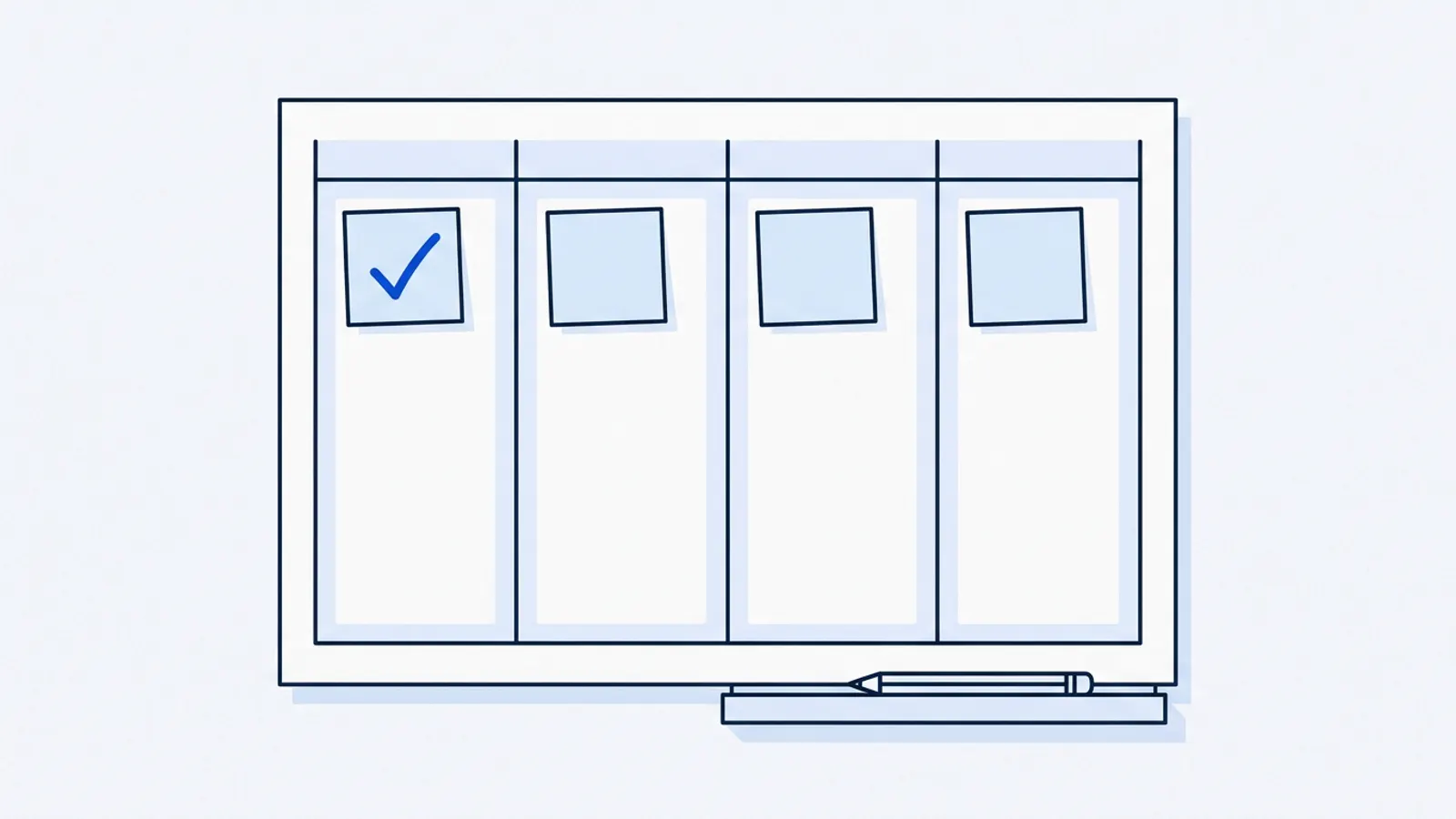Illustration of a four-week wall planner with one sticky note per week and a checkmark on the first.