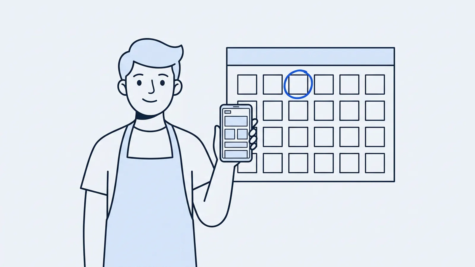 Illustration of a shop owner holding a phone showing their website, beside a wall calendar with the first Monday circled.
