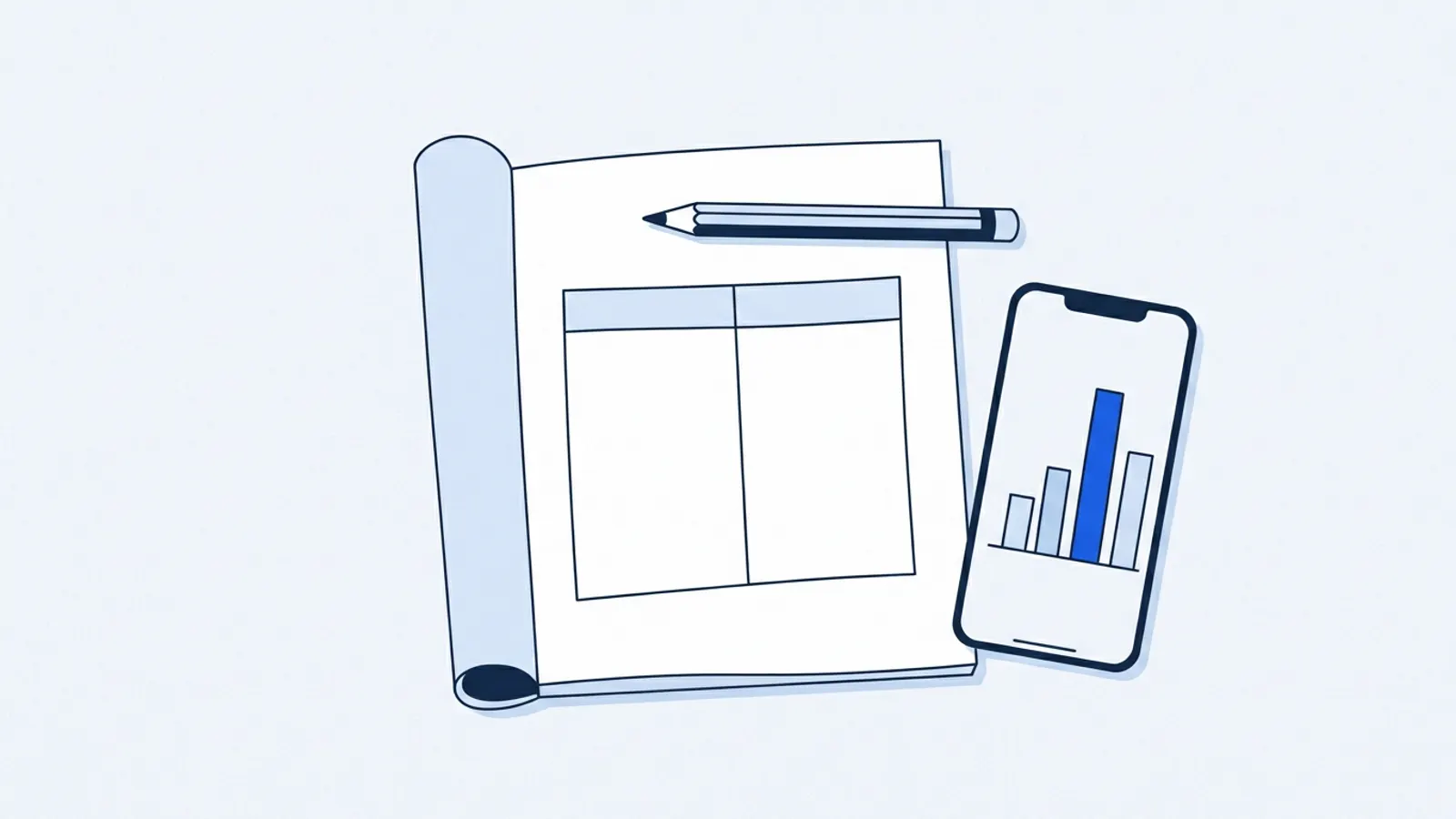 Illustration of an open notebook with a two-column table and a pencil, beside a phone showing a small bar chart.