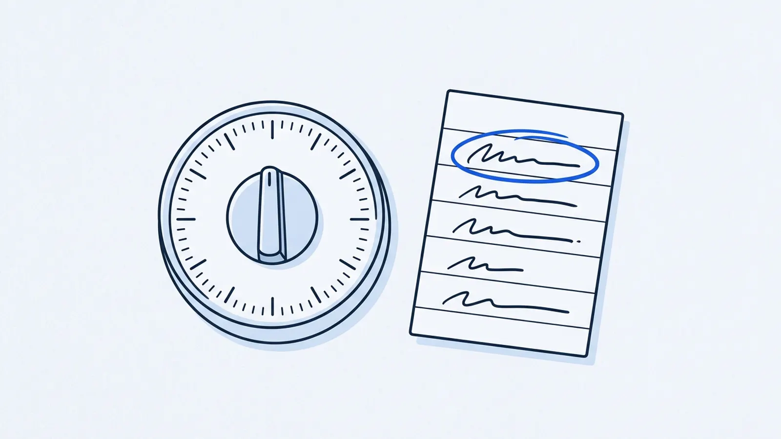 Illustration of a kitchen timer set to sixty minutes beside a short handwritten list with the top item circled.