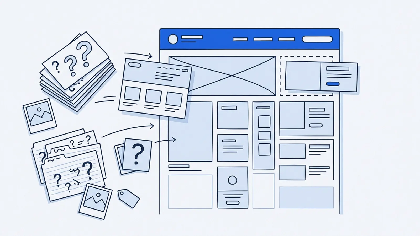Illustration of a page layout being assembled from a stack of handwritten customer questions, photos and a price note.