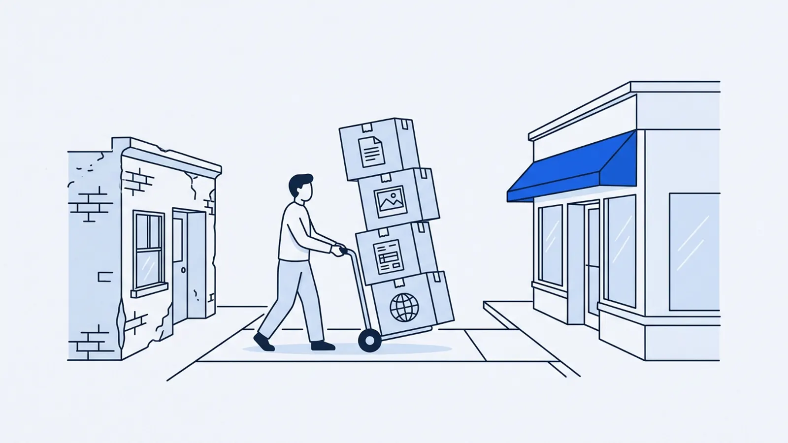 Illustration of moving boxes marked with icons for pages, photos, forms and the domain, wheeled from an old storefront to a new one.