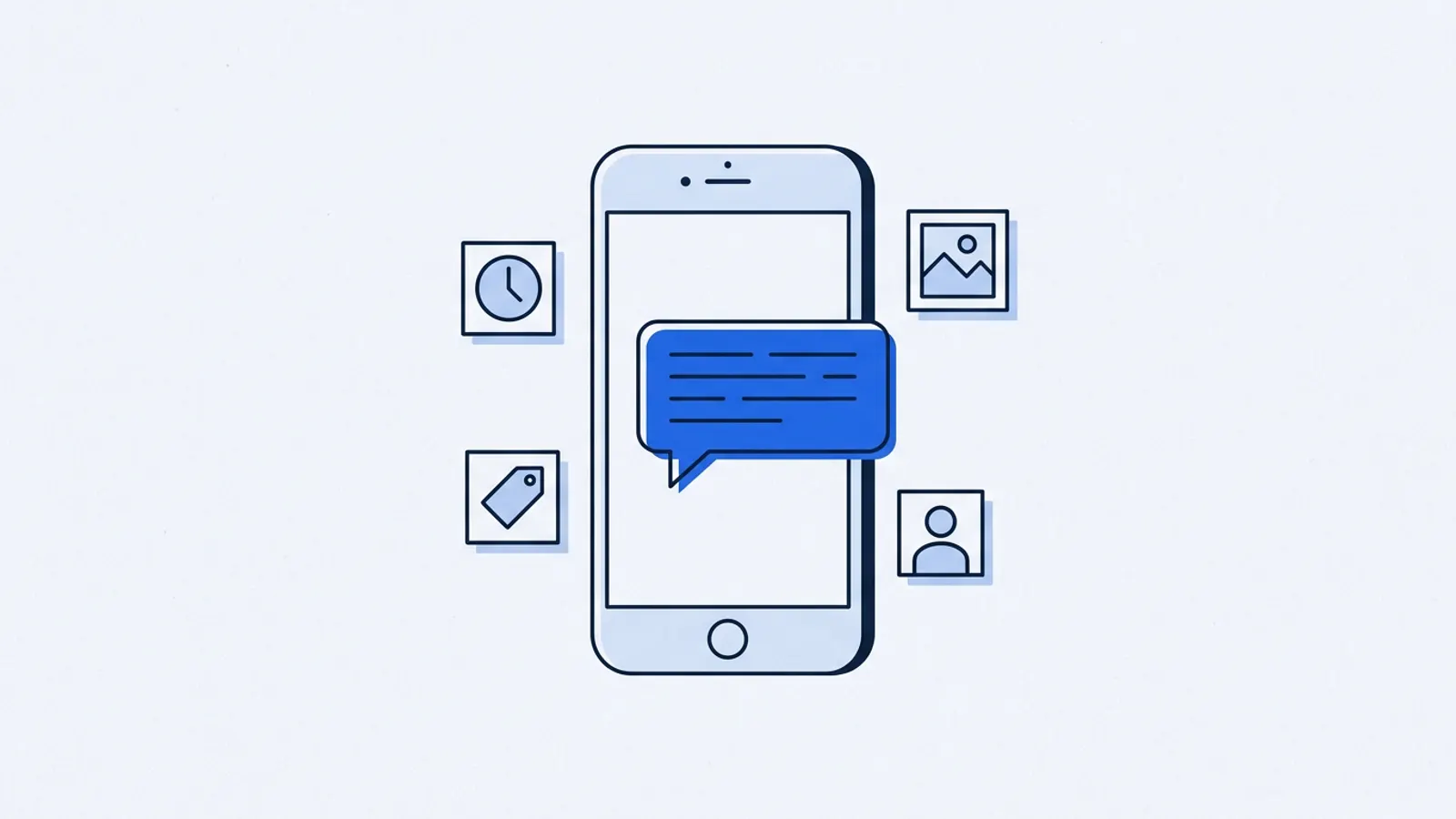 Illustration of a phone showing a chat message requesting a website change, surrounded by small icons for hours, prices, photos and a team member.